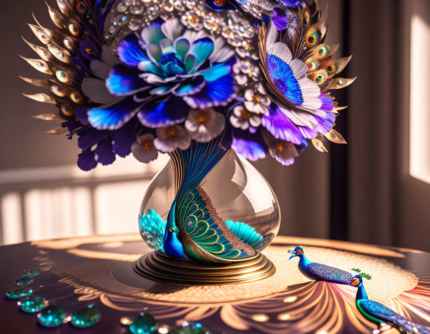 Blue flowers and peacock feathers in elegant vase on intricately designed table in warmly lit room