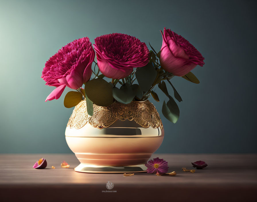 Golden Vase with Pink Flowers and Green Leaves on Blue Background