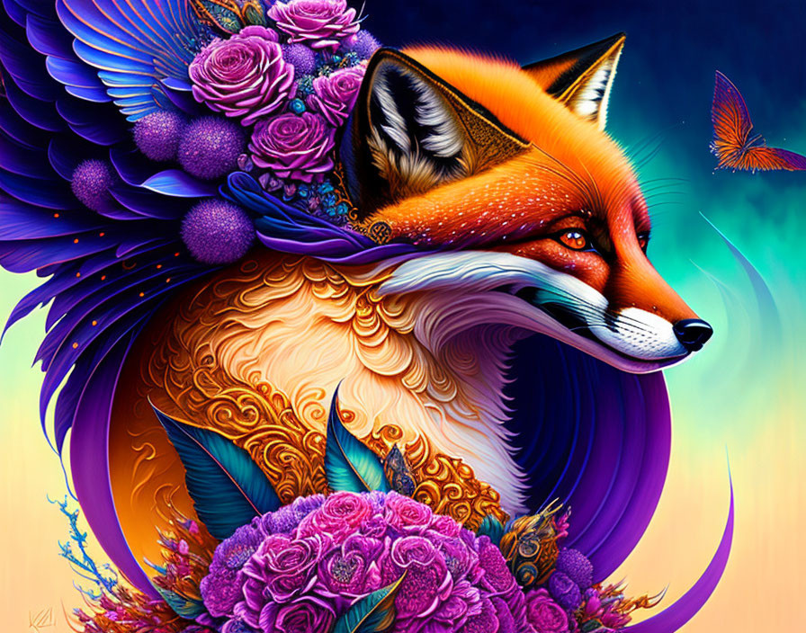Colorful fox and butterfly digital art with floral patterns on blue background
