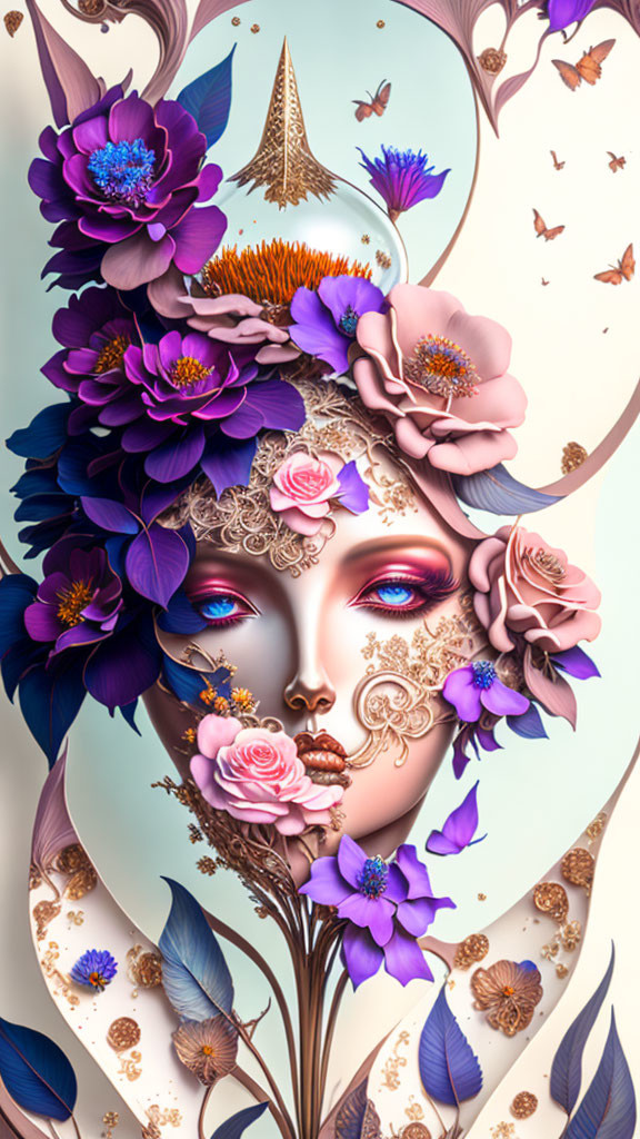 Female figure with floral and ornamental elements in purples and golds, surrounded by butterflies in