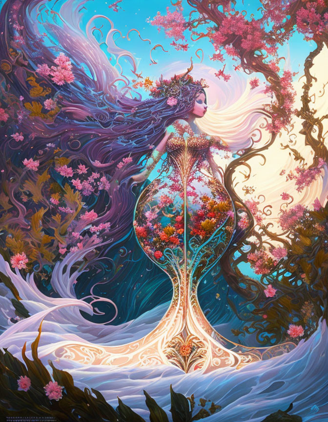 Ethereal artwork: Woman merging with blooming tree in magical forest