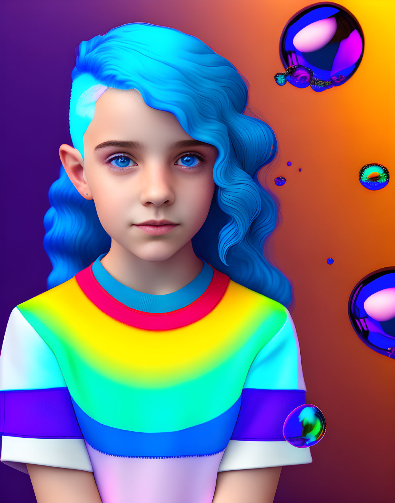 Child Digital Portrait: Blue Hair, Rainbow Shirt, Purple Background