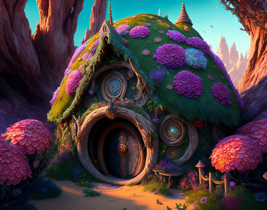 Fantasy Mushroom House with Round Door in Magical Landscape