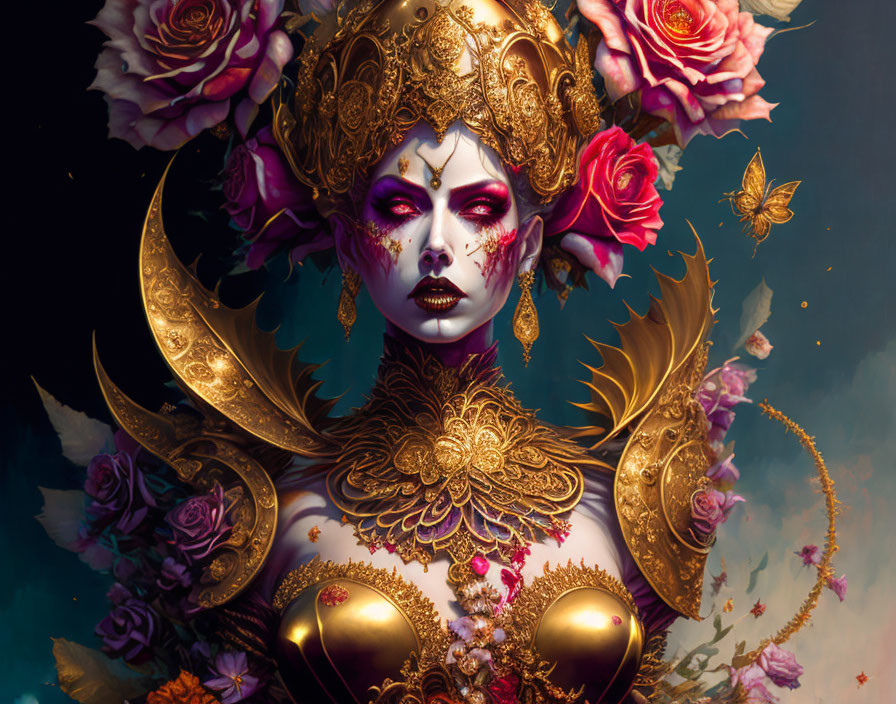 Elaborate fantasy portrait with gold headgear, roses, shoulder adornments, and butterflies