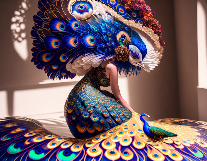 Colorful peacock with intricate tail feathers in sunlit room alongside figurine
