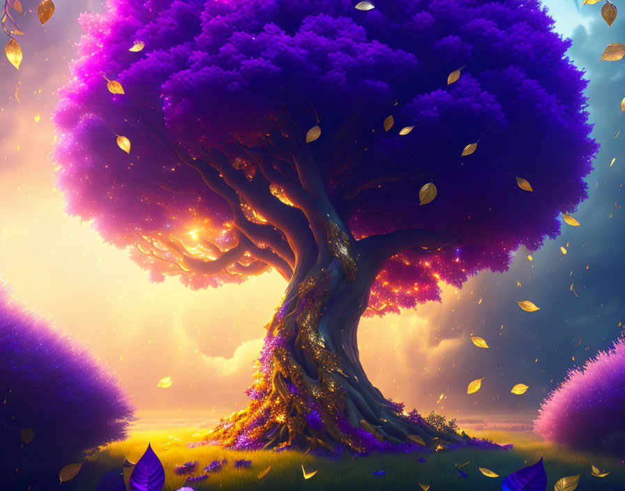 Enormous glowing purple tree in fantasy landscape