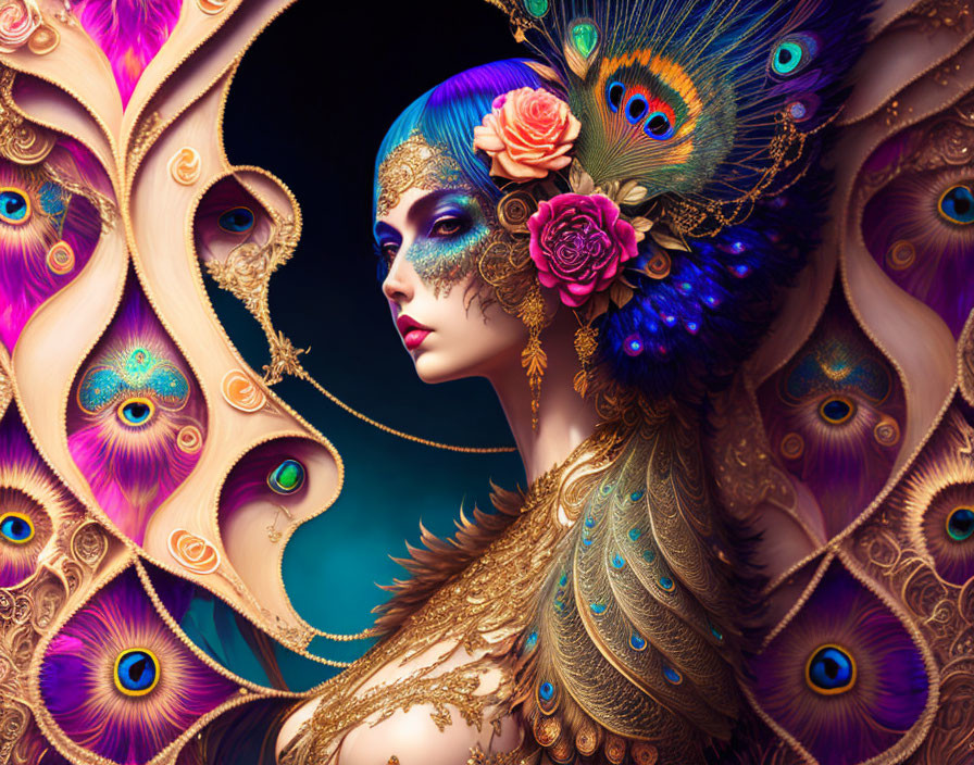 Vivid makeup and peacock feathers in stylized portrait
