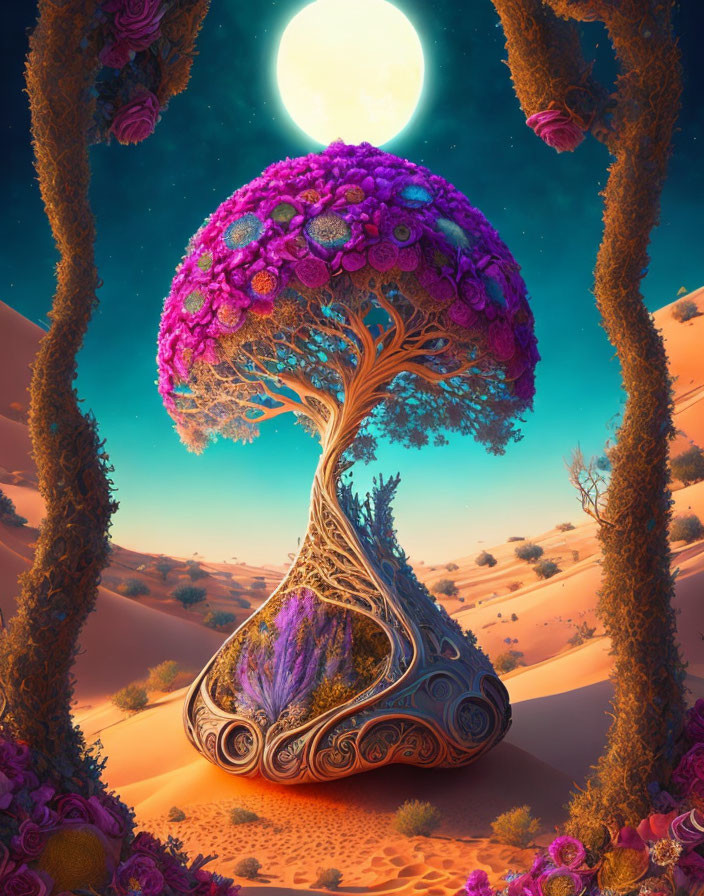 Fantastical purple foliage tree in desert oasis under large moon