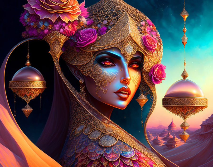 Vibrant fantasy Arabian woman in ornate attire with lanterns in twilight sky