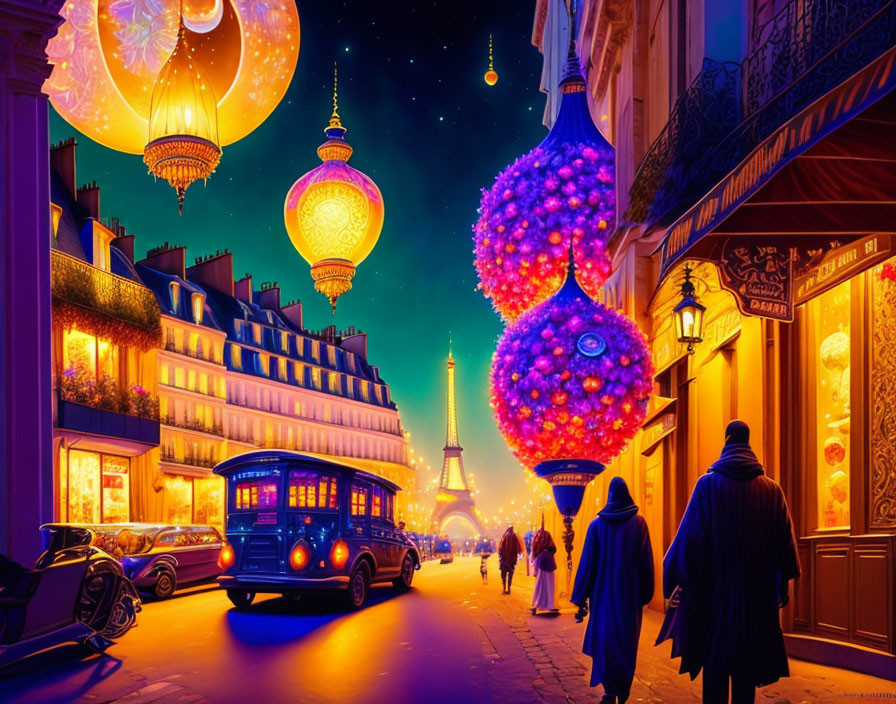 Colorful street scene at dusk with lanterns, pedestrians, blue car, and Eiffel Tower