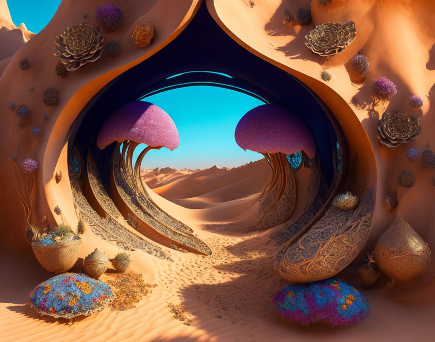 Colorful Desert Landscape with Ornate Arches and Mushrooms