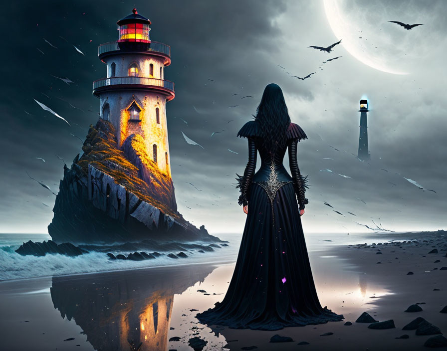 Woman in elegant gown gazes at distant lighthouse on rocky cliff under night sky.