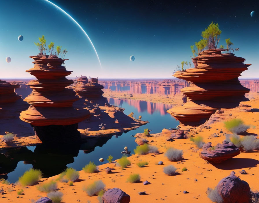 Surreal landscape with floating rock formations and vibrant sky