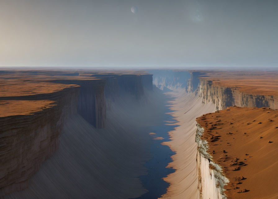 Alien landscape: desert canyon with towering cliffs and two moons