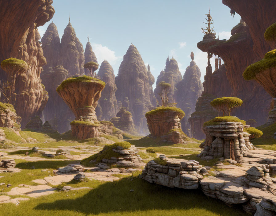 Tranquil fantasy landscape with towering rock formations and greenery under a clear blue sky