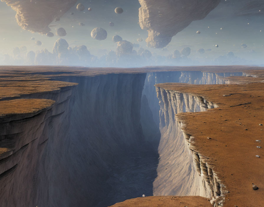Alien planet canyon with steep cliffs and floating rocks