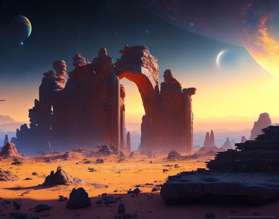 Alien desert landscape with towering rock formations and large planets in the sky