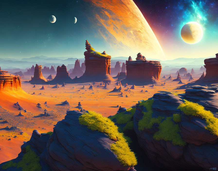 Surreal landscape with towering rock formations, vibrant moss, and two moons against an orange sky