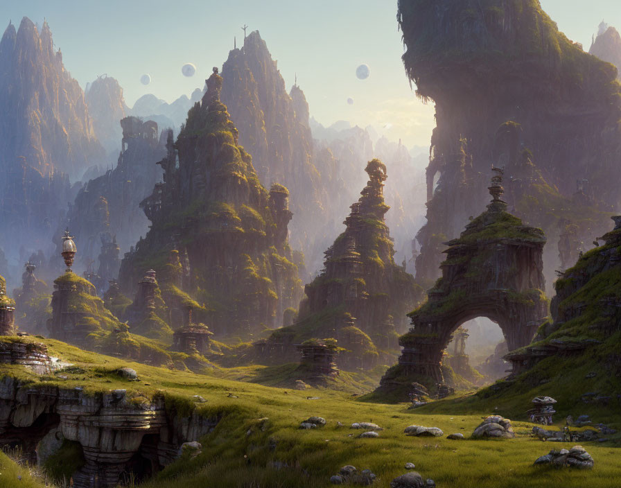 Majestic rock formations, lush greenery, orbs, and ancient structures in a fantastical landscape