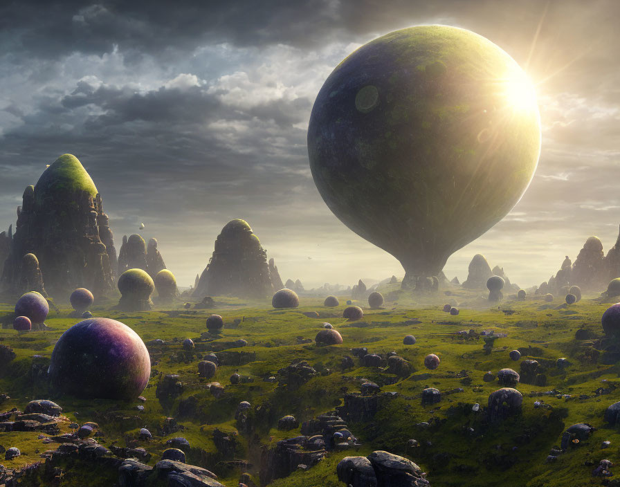 Surreal landscape with green fields, moss-covered rocks, colorful spheres, dramatic sky