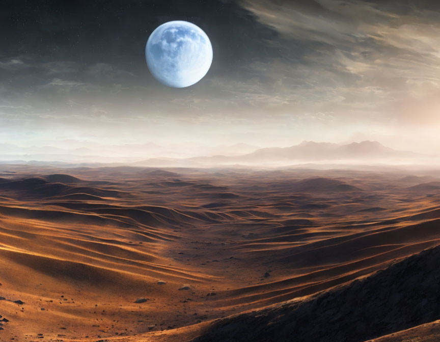 Desert landscape with oversized moon under twilight sky