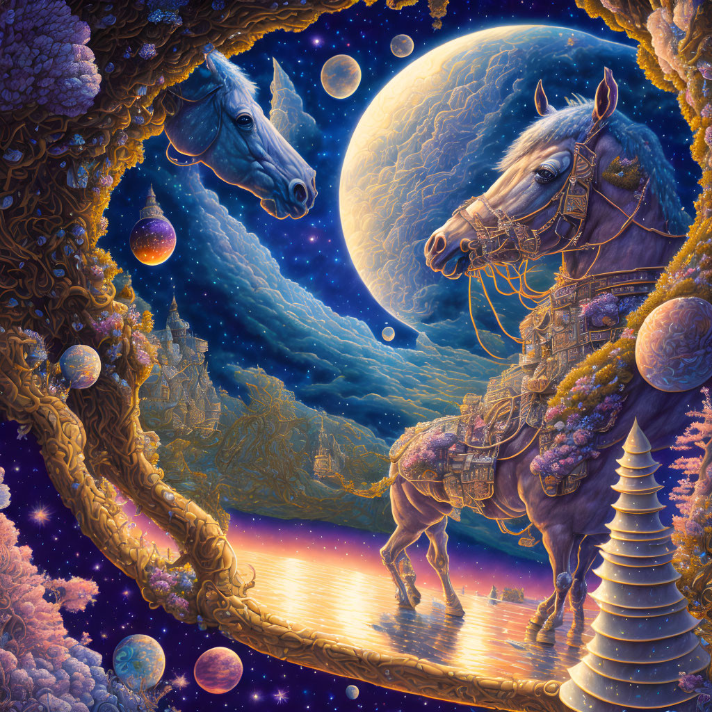 Majestic horses in fantasy landscape under moonlit sky