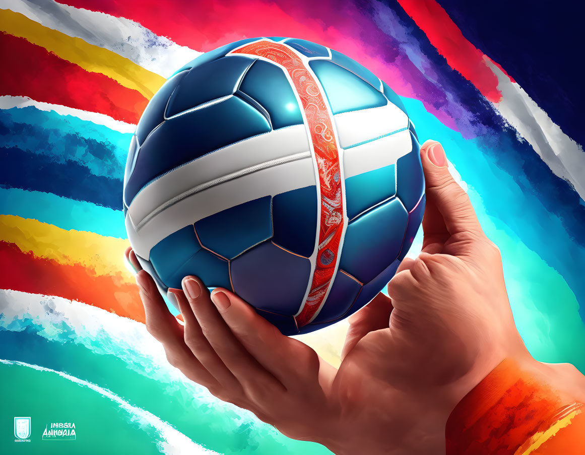 Intricate volleyball design on vibrant brush stroke background