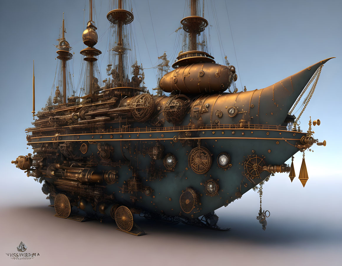 Detailed Steampunk Airship with Gears and Propellers in Clear Sky