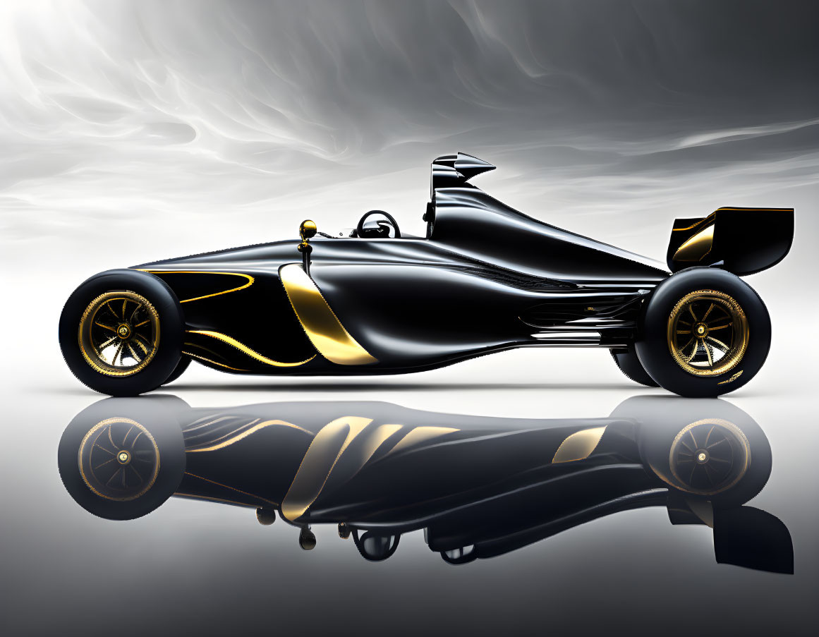 Aerodynamic Black and Gold Race Car with Reflective Surface