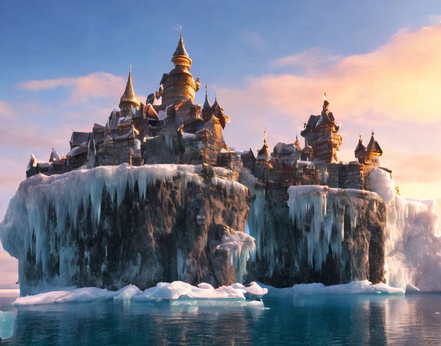 Castle with spires and towers on icy cliff at sunrise or sunset