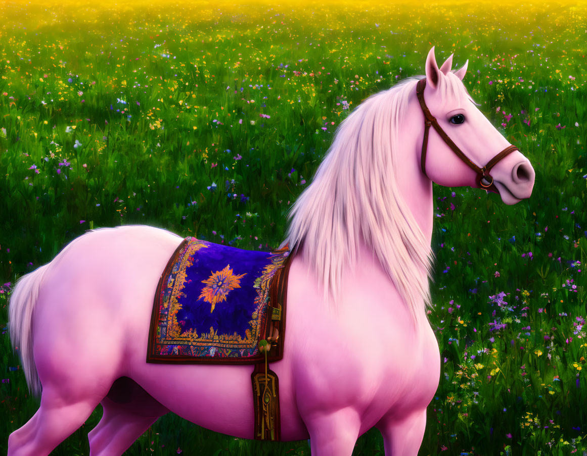 Majestic white horse with blue saddlecloth in vibrant flower field