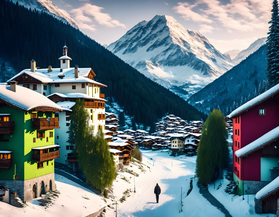 Snow-covered village with colorful buildings and mountains at dusk