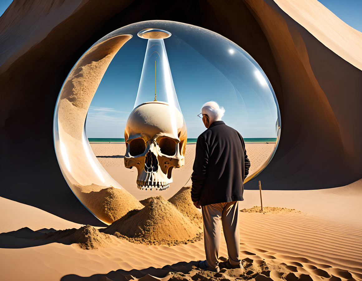 Man in desert with surreal skull, hourglass, and moon landscape