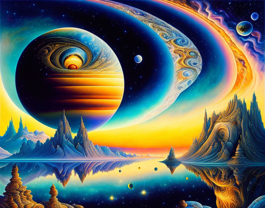 Colorful Psychedelic Space Landscape with Planets, Moons, and Alien Terrain