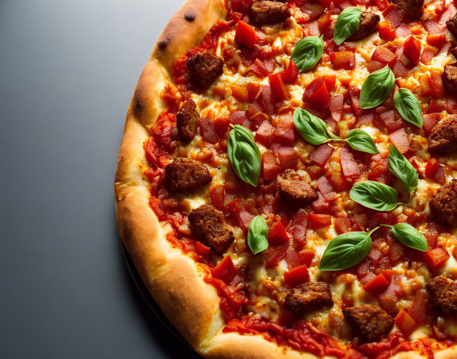 Pizza with basil, sausage, cheese, and tomatoes on dark background