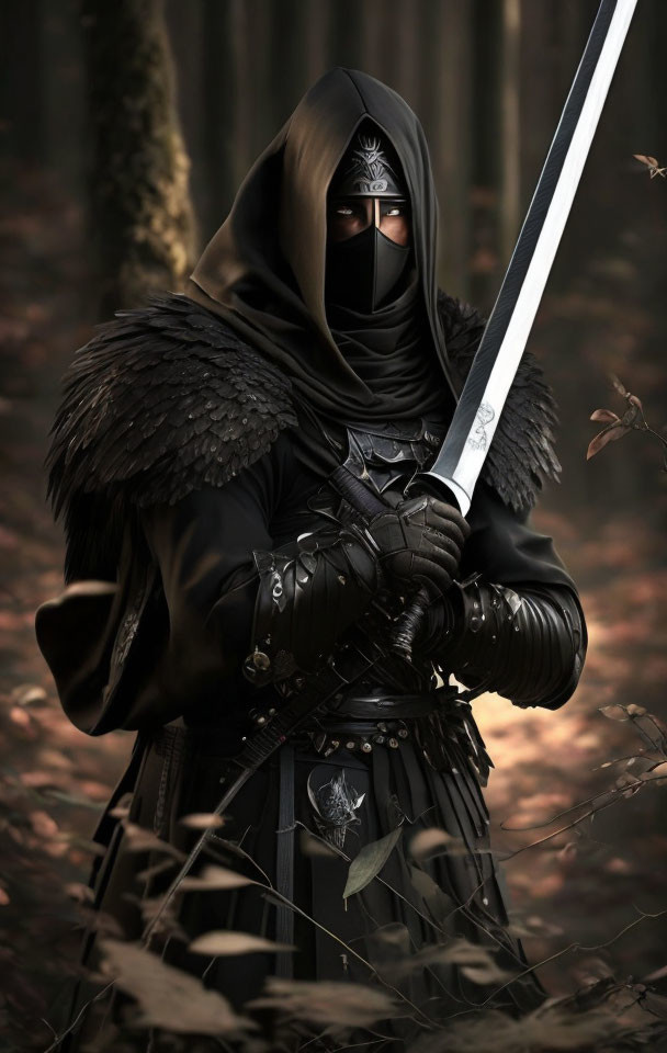 Mysterious cloaked figure with hood and sword in forest setting