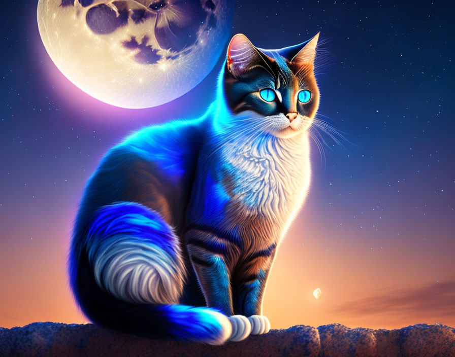 Vivid Blue-Eyed Cat Artwork with Moon in Twilight Sky