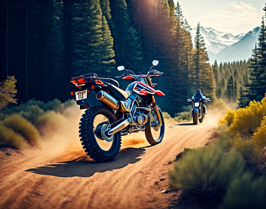 Two motorcycles parked on forest trail with pine trees and mountains in background