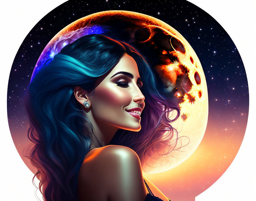 Digital artwork: Smiling woman with long blue hair in cosmic scene