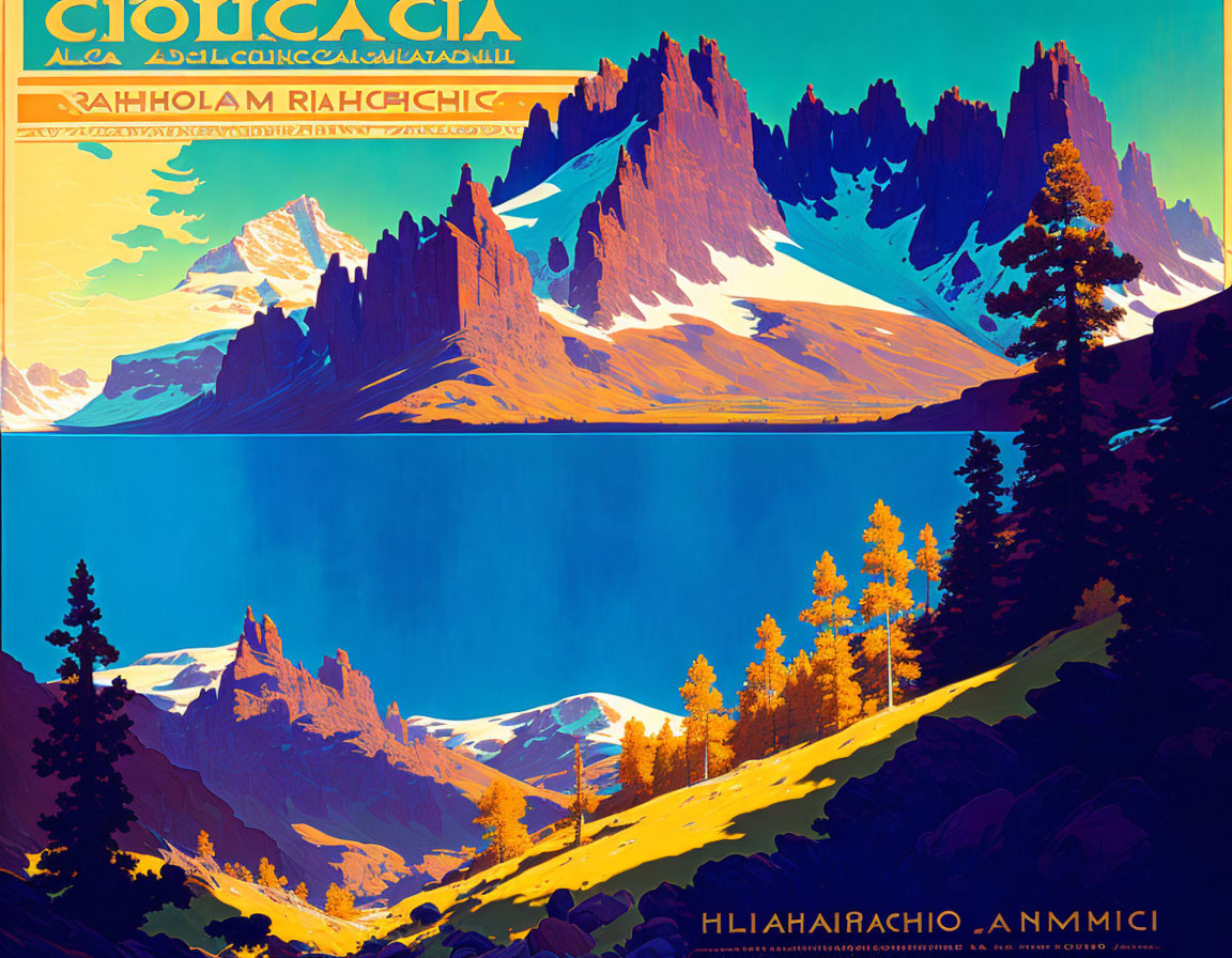 Vibrant blue and yellow mountain landscape poster with trees and lake