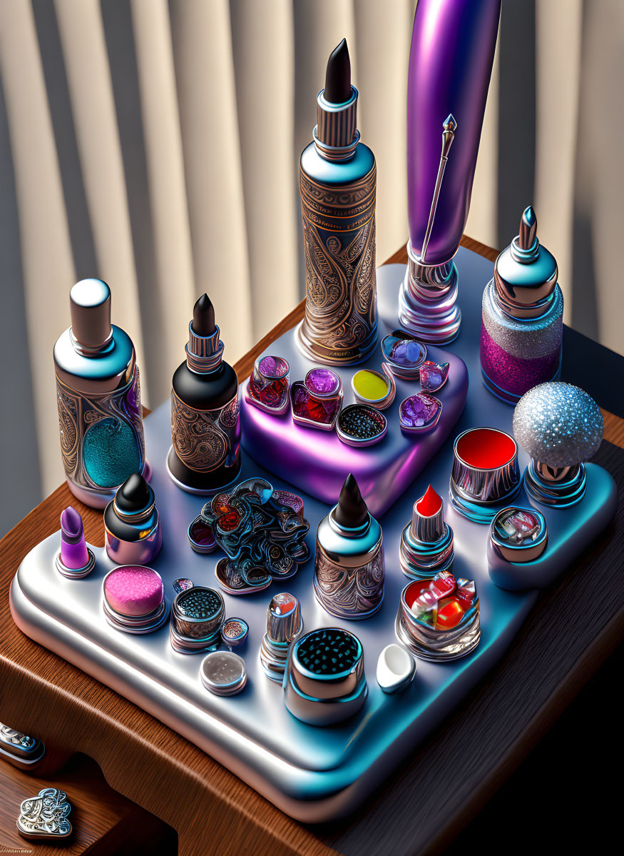 Vibrant ink bottles and supplies on tray with light stripes