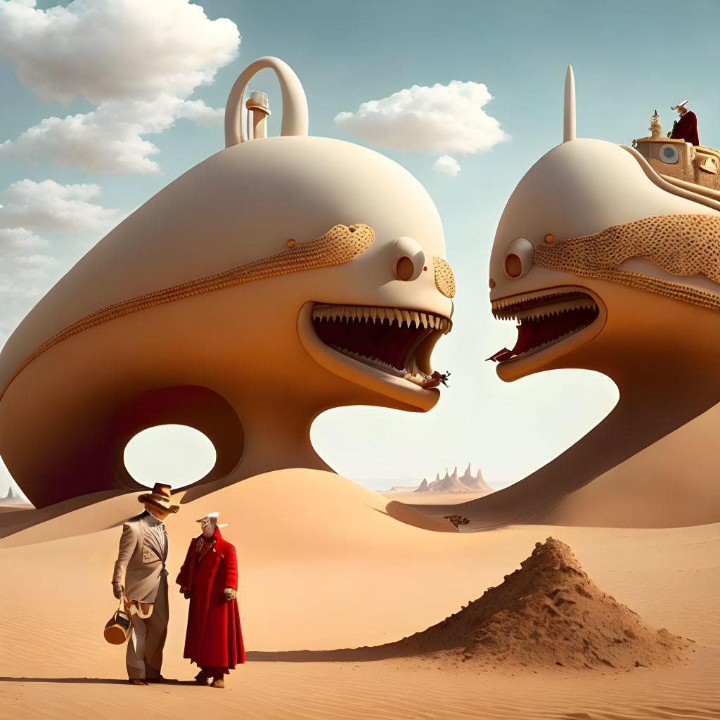 Surreal artwork of giant shark-like creatures in desert with tiny figures