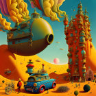 Colorful fantasy landscape with flying balloons, ornate towers, classic car in surreal desert.