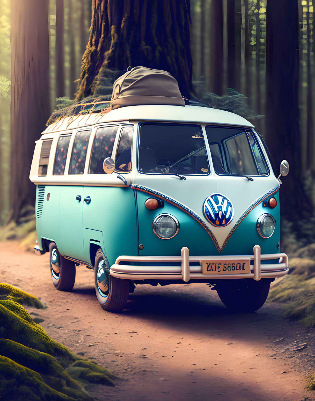 Vintage Blue Volkswagen Van Parked on Forest Path with Sunlight Filtering Through Trees