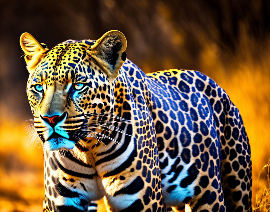 Striking blue-eyed leopard with prominent spots in golden backdrop