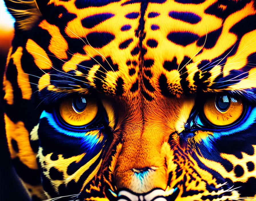 Colorful Tiger Face Painting with Intense Yellow Eyes