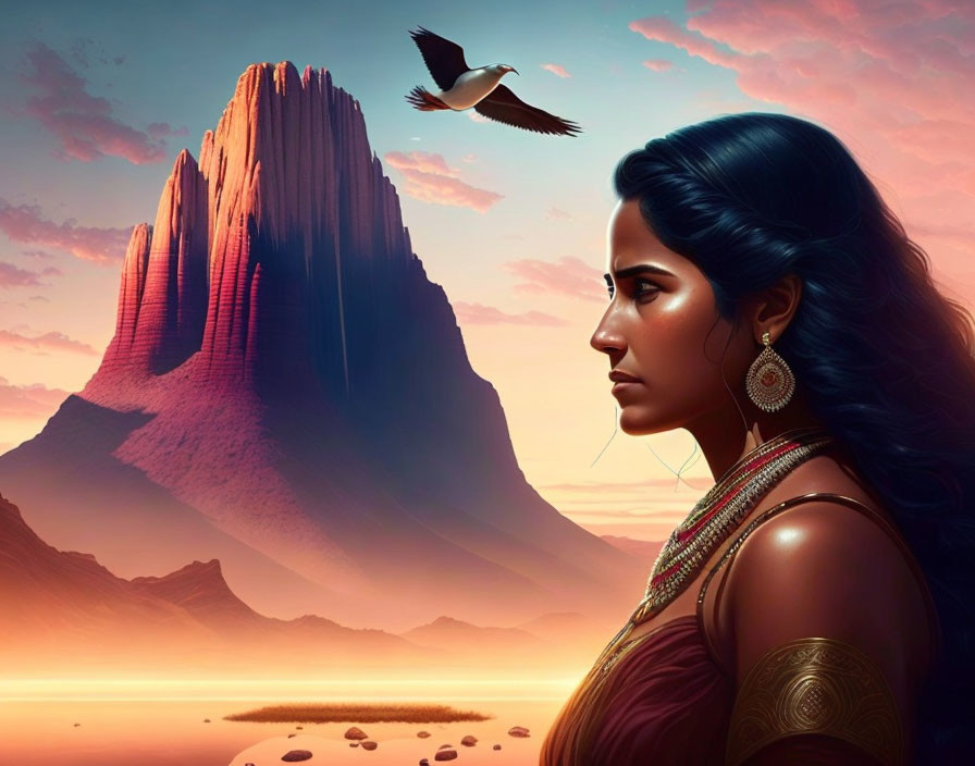 Illustrated woman in traditional attire gazing at mountain under pink sky with flying bird.