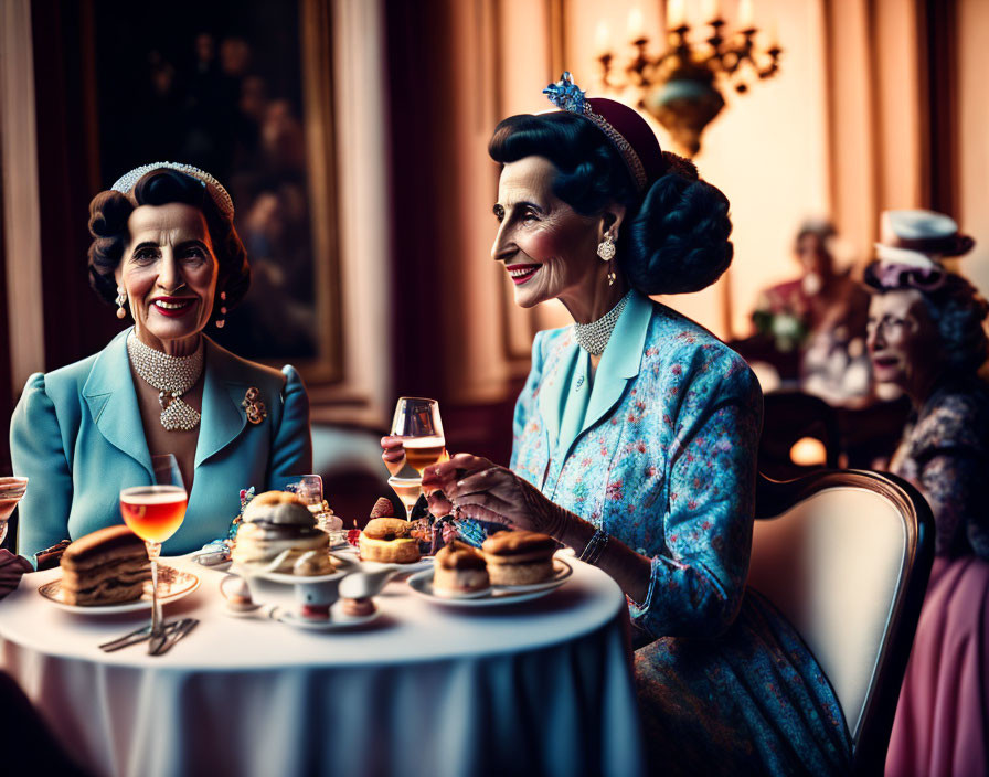 Elegantly dressed women having afternoon tea in luxurious setting