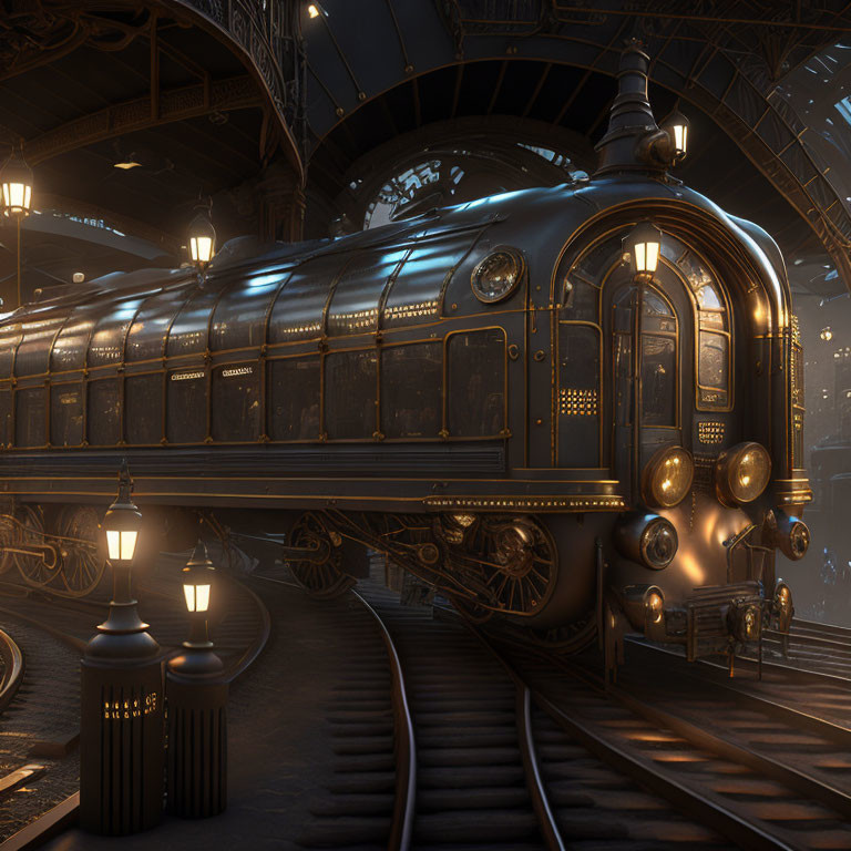 Vintage Train Station with Ornate Metalwork and Glowing Lights