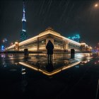 City night scene with person standing in rain and bright lights reflecting